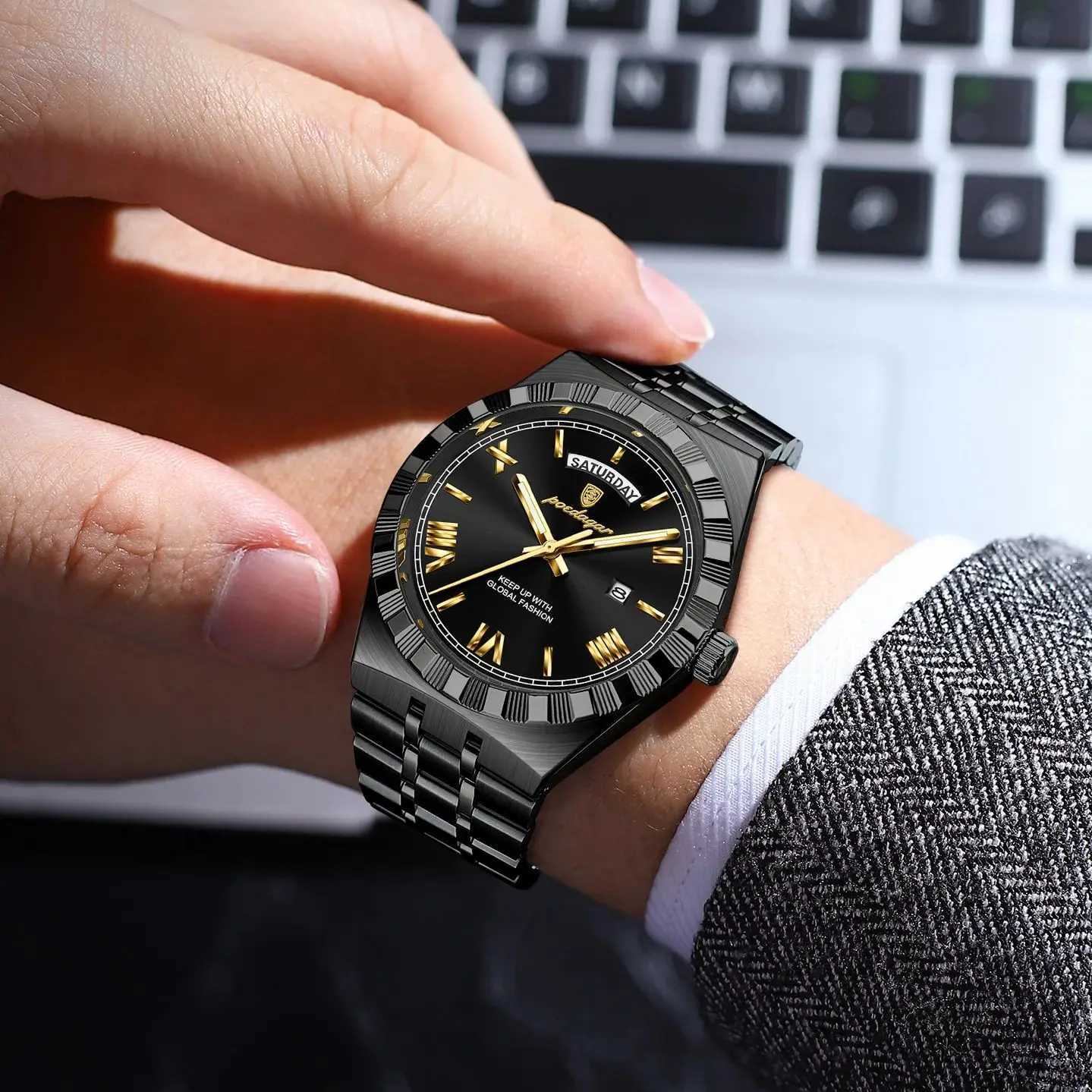 POEDAGAR Sports Men Wrist Week Date Stainless Steel Casual Men Luminous Waterproof Quartz Fashion Mens Watch W250806