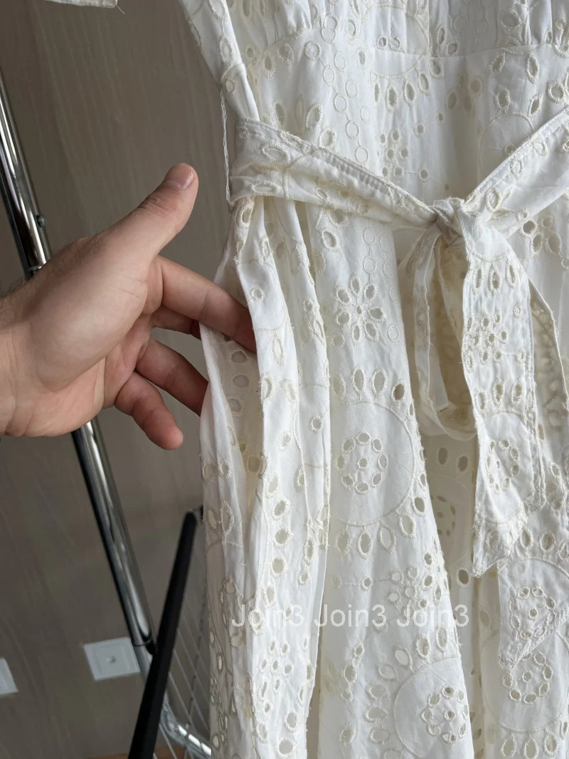 ETJ new TRAF womens elegant fashion hollow embroidery cotton shirt lapel short-sleeved dress temperament long skirt