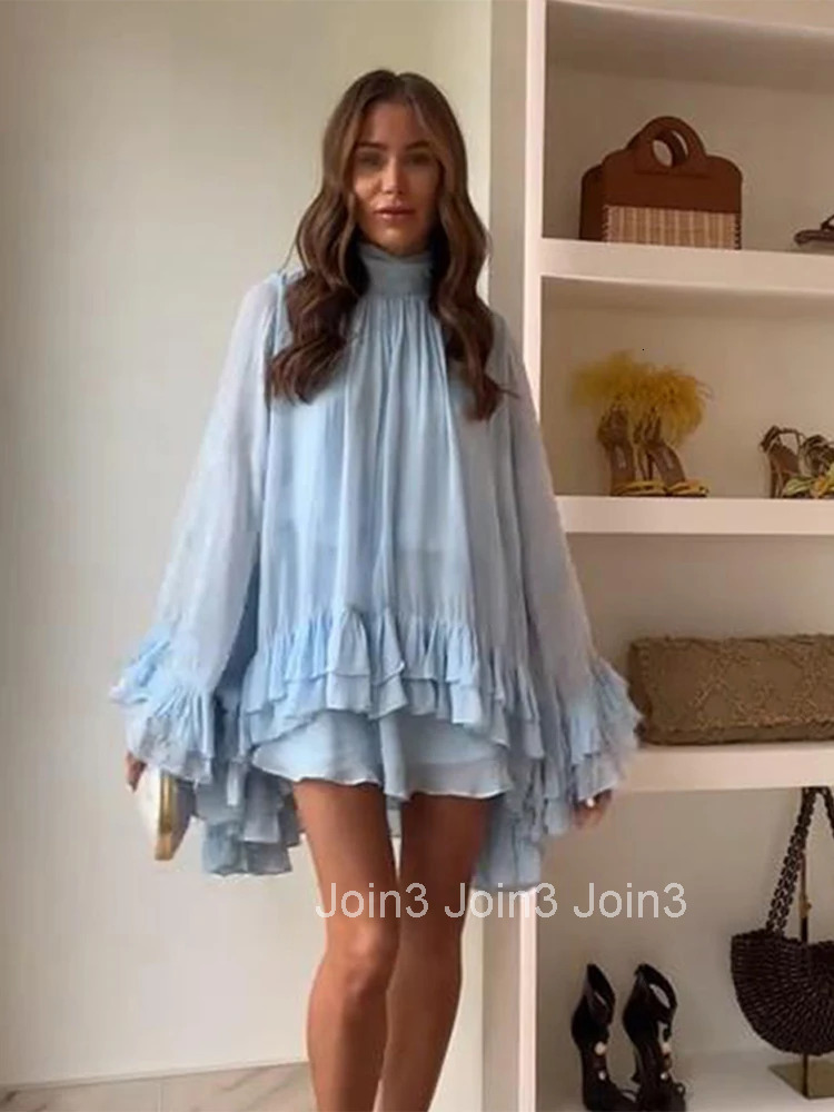 Elegant Mini Dress Women Pleated Multi Layers Ruffles High Collar Long Flare Sleeve Dresses Spring Summer Lady Party Robes