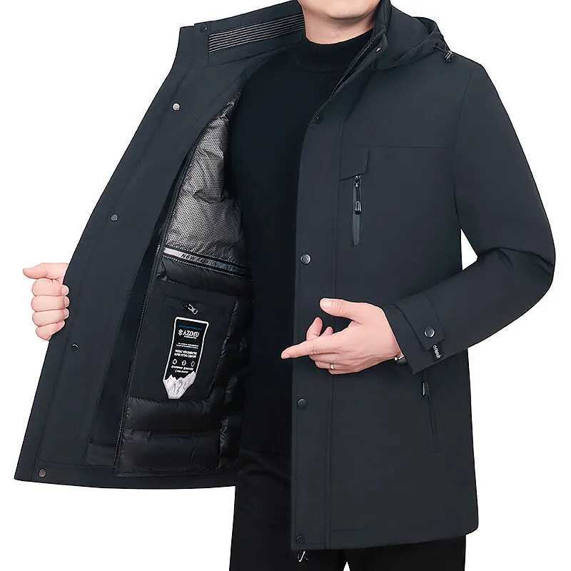 Mens Detachable Liner Hat Puffer Coats Business Casual Hooded White Duck Down Jackets 2025 Winter Outerwear Windproof Top Parka W250806