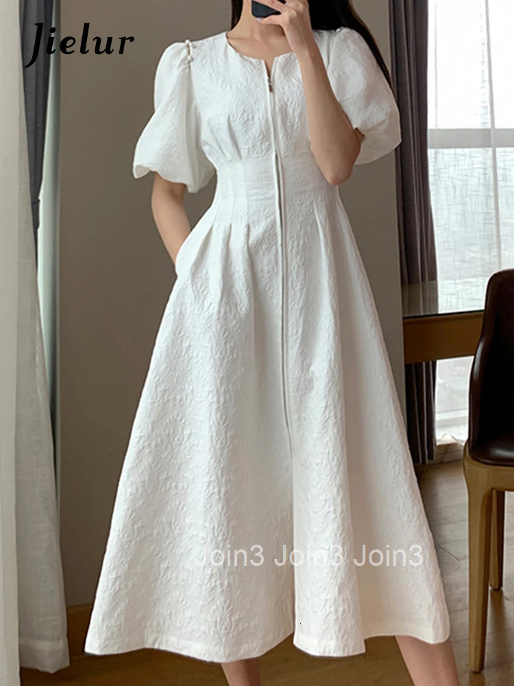 Jielur Vintage French Holiday White Dress Short Puff Sleeves Zipper Front A Line Slim Dress Elegant Party Dress Summer
