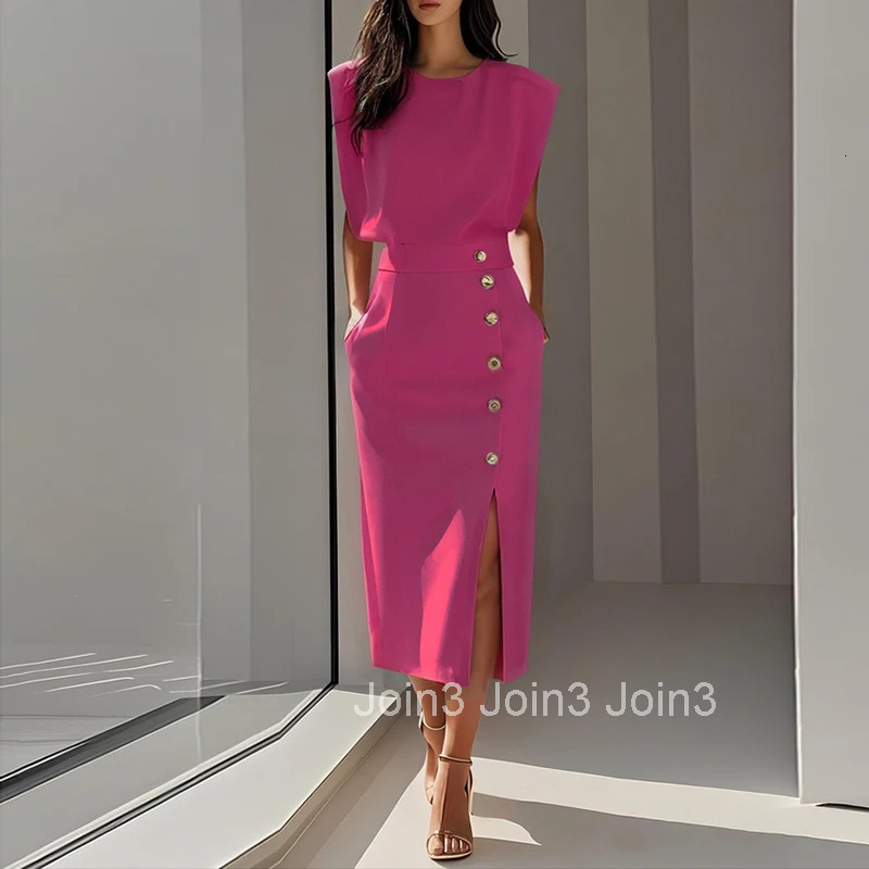 Summer Fashion O Neck Split Women Dress Elegant Solid Slim Button Party Dress Casual Sleeveless High Waisted Office Lady Dresses