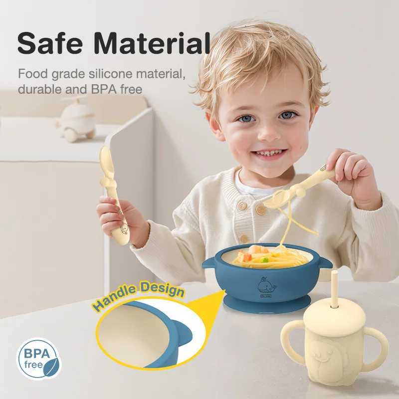 6PCS Set Childrens Dishes Set Baby Silicone Tableware Sucker Bowl Bib Cup Fork Spoon Set Infant Supplies BPA Free X250806