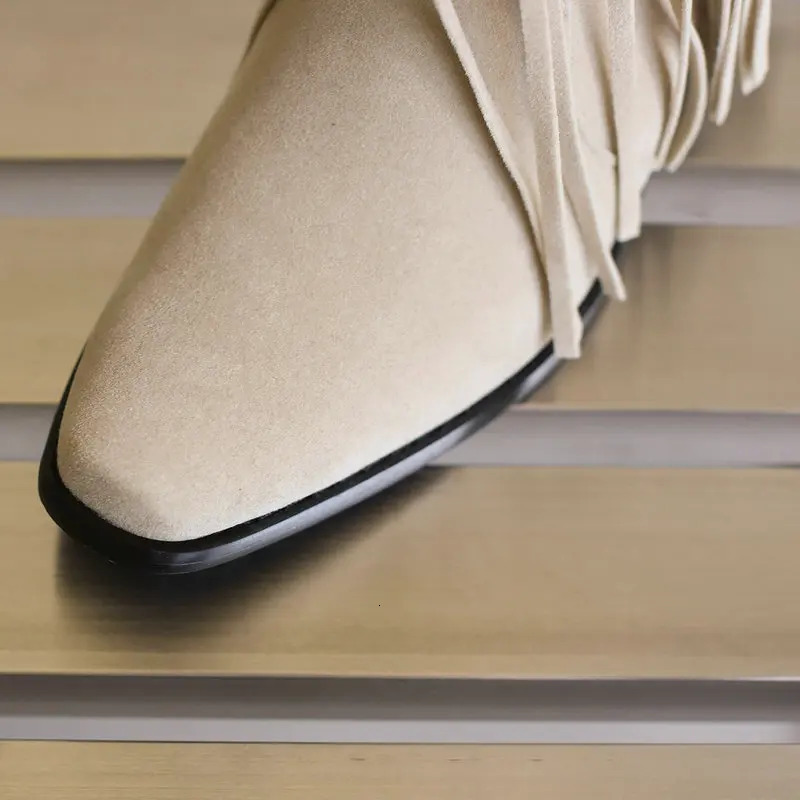 Cowboy Western Boots Womens Fringe Ankle Boots Chunky Med Heels Shoes Flock Retro Square Toes Footwear Fall Winter 250731