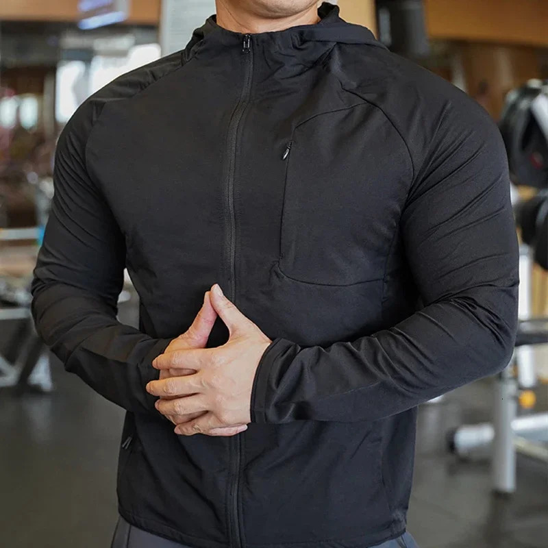 High Quality Nylon Sport Coat Mens Gym Fitness Hoodies Outdoor Workout Tops Hooded Training Running Zipped Jacket Clothes250806