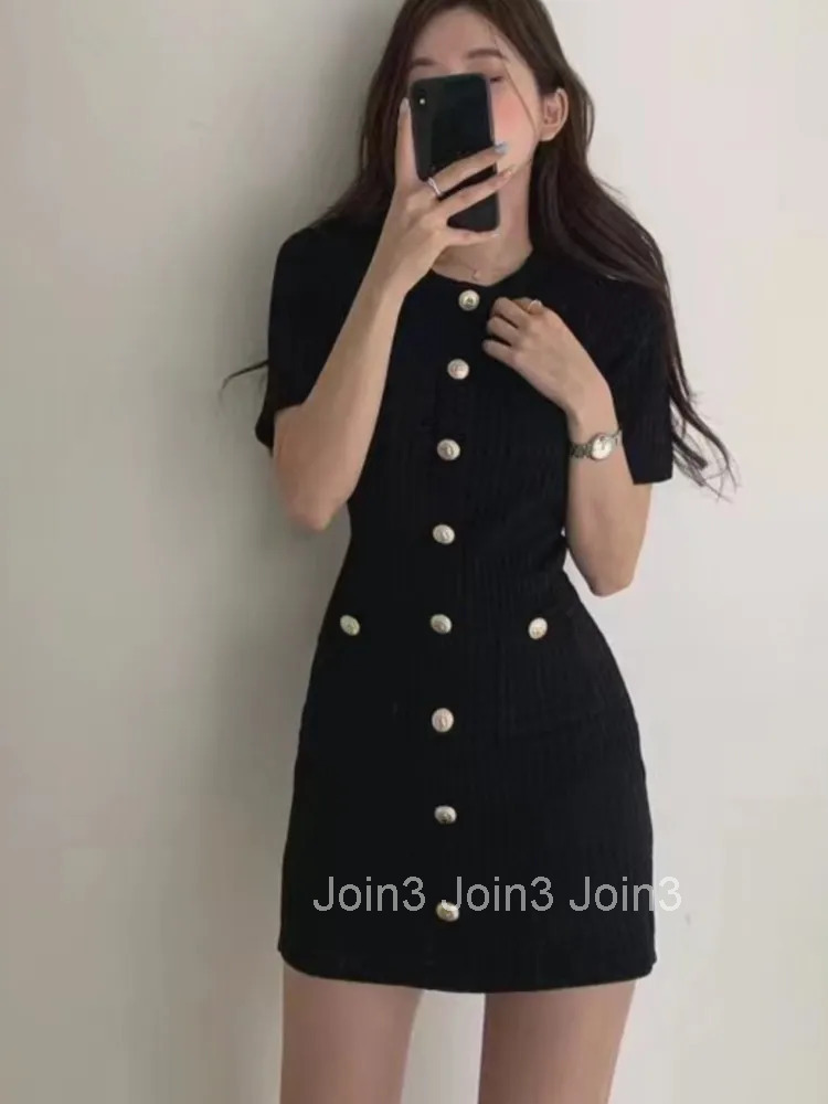 Elegant Korean Xiaoxiangfeng Slim Mini Dresses Women Fashion Temperament Solid Color Package Hip Bodycon Dress Spring Summer New