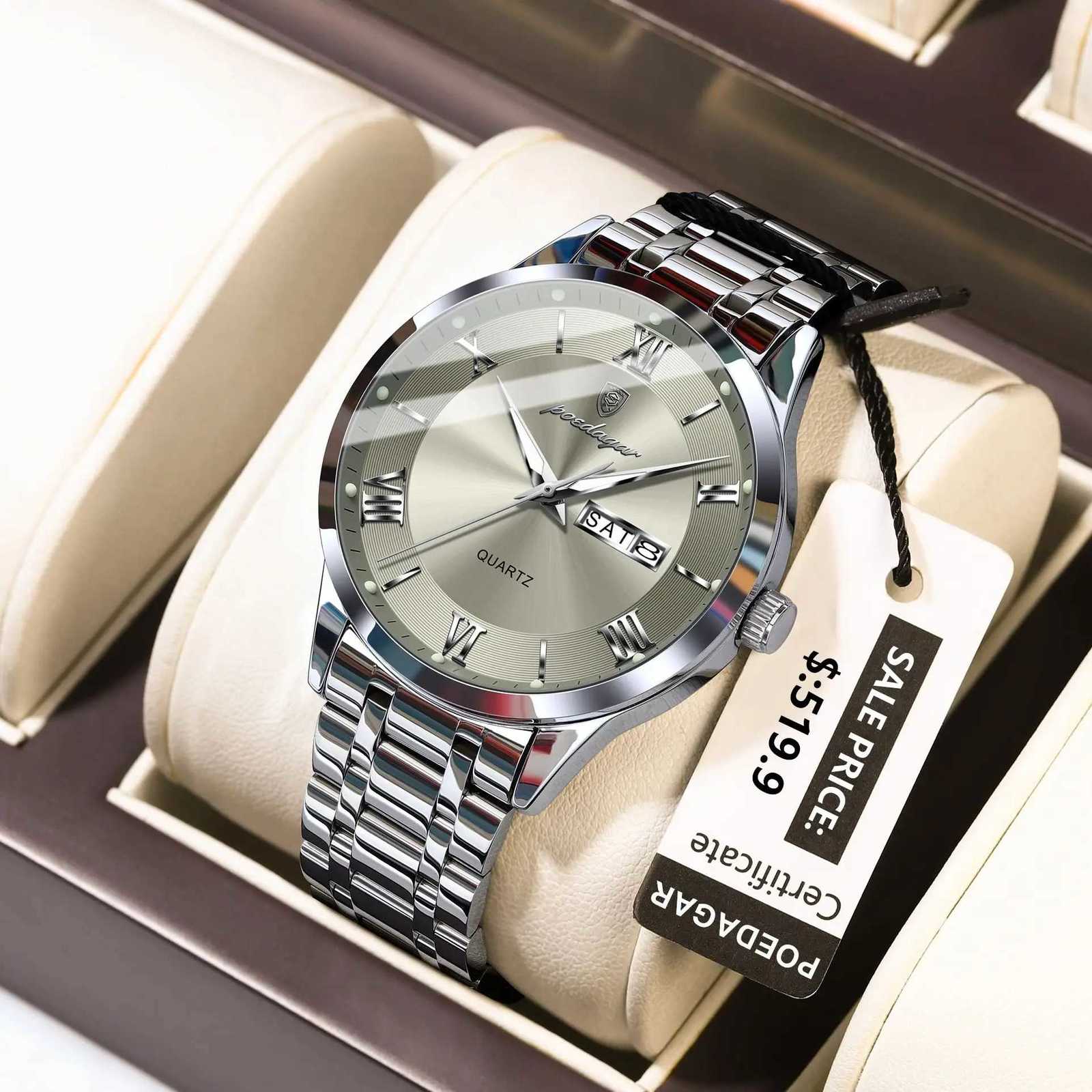 POEDAGAR Luxury Fashion Men Clock Waterproof Luminous Week Date Sports Mens Wristwatch Stainless Steel Mens Quartz Watch W250806