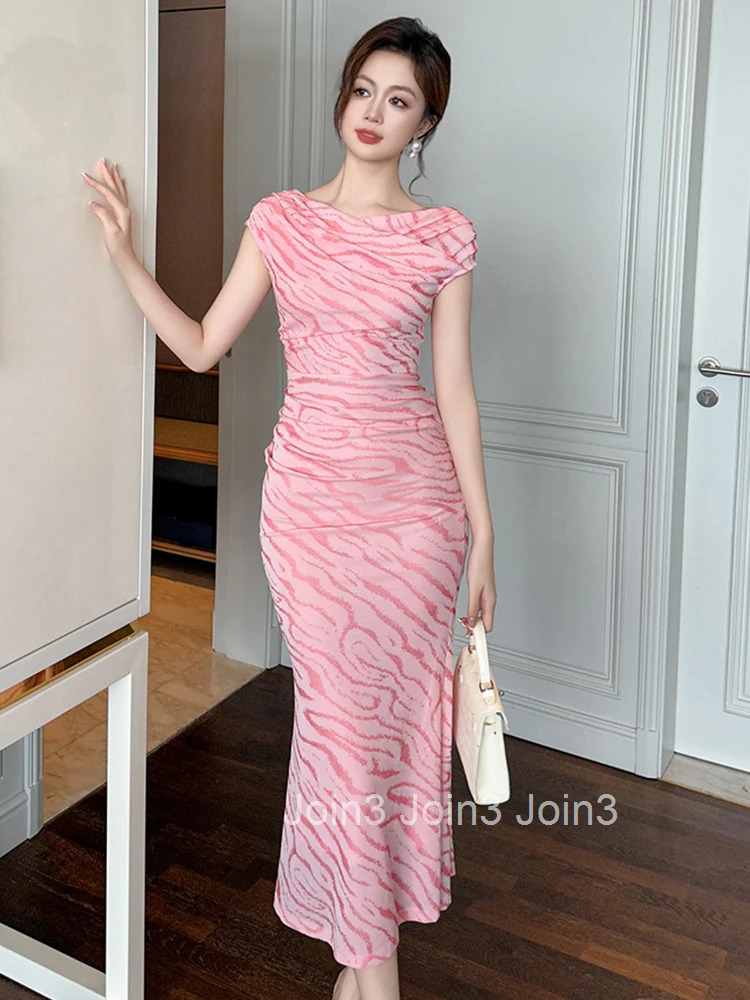 Summer Mesh Print Stretchy Mermaid Dress Women Clothes Elegant Lady Short Sleeve Skinny Midi Folds Robe Party Birthday Vestidos