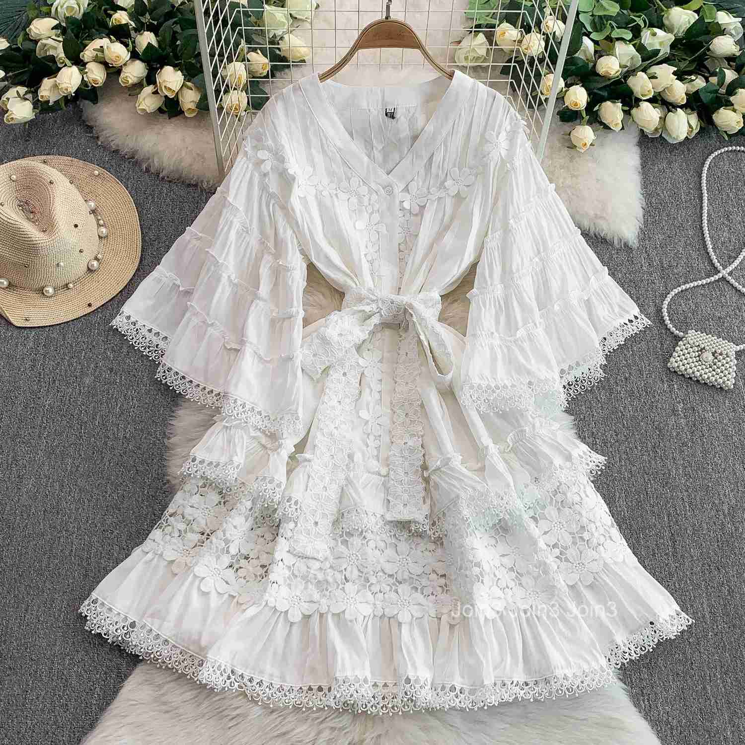 Vintage sexy short sleeve V-neck Spliced Dress Chic Summer Beach fairycore Vestidos Vacation women clothing