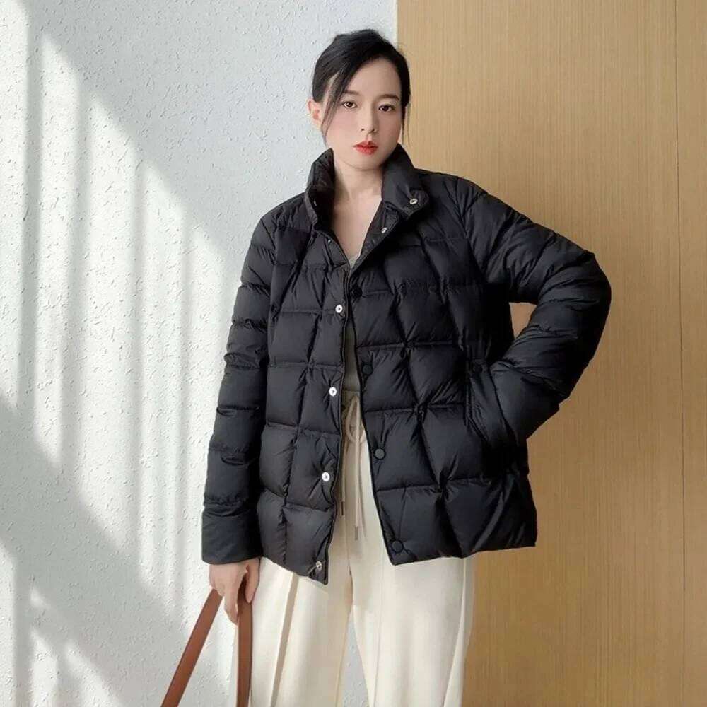 Designer Clothing 2025 Women New Autumn Winter Fluffy Jacket Stand Collar Short Ultralight White Duck Down Coat Lady Casual Warm Parka