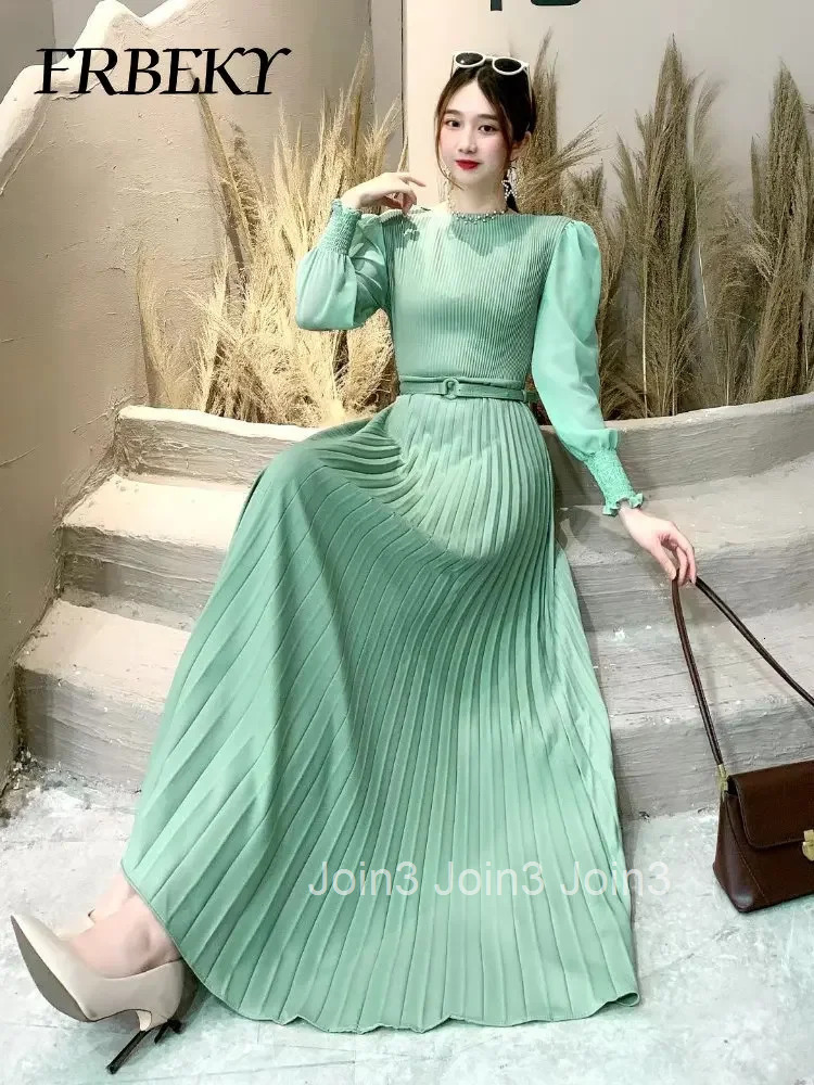 Pleated Dresses New Fashion Waist Slimming Temperament French Dress Elegant Long Sleeve Pleated Waistband Romper Evening Dresses