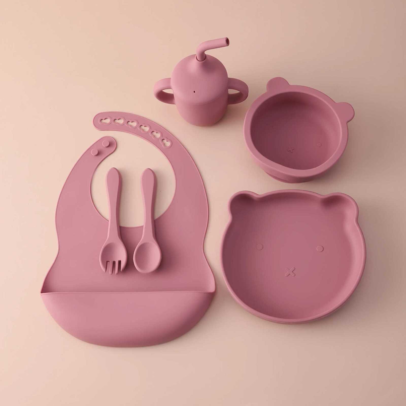 6PCS Color Kids Cartoon Bear Silicone Feeding Set Suction Bowl Dishes Plate Bib Portable Cup Utensils Infant Self Feeding X250806
