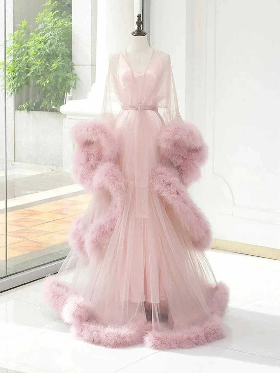 Elegant Lace-up Mesh Nightdress With Fluffy Sleeves Wedding Night Bath Dress Bride Robe Nightgown Customized