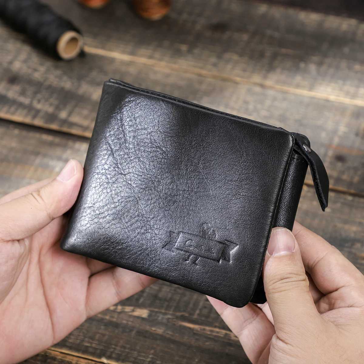 CONTACTS Genuine Crazy Horse Leather Men Wallets Vintage Trifold Wallet Zip Coin Pocket Purse Cowhide Leather Wallet For Men XJ250806
