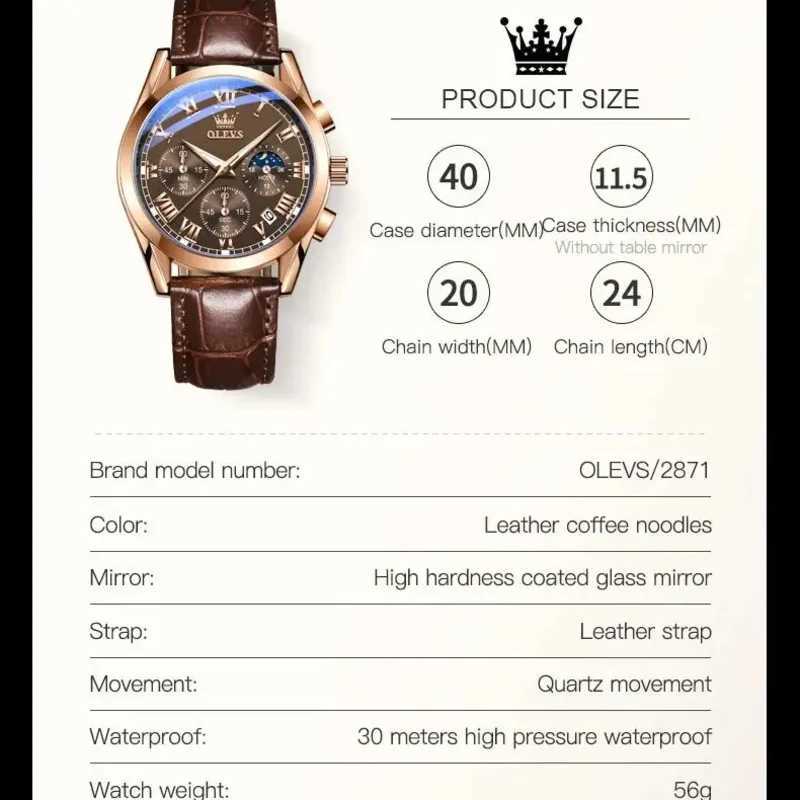 OLEVS 2871 Multifunctional Mens Stainless Steel Luminous Waterproof Luxury Mens Business Wrist Watch W250806