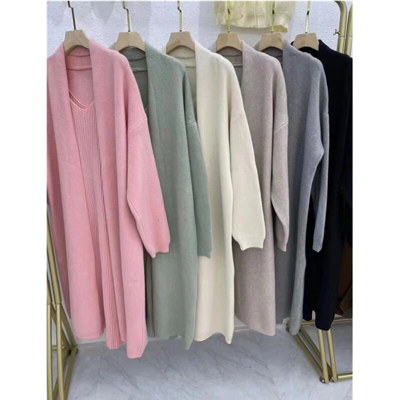 Fashion Women's New Set Knitted Camisole Dress Long Sweater Cardigan Coat Two-Piece Thick