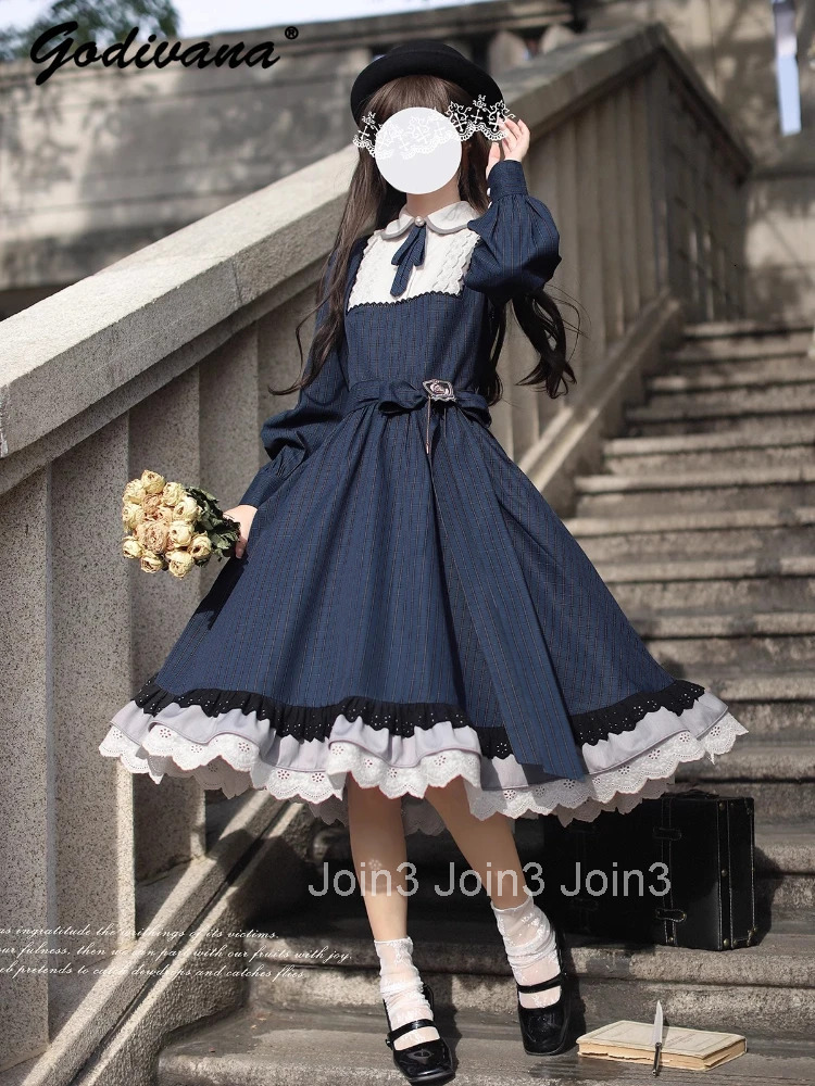 New Autumn Ladies Elegant Retro Navy Blue Plaid Long Sleeve Dress Original Design Womens Slim Calf-length Dresses