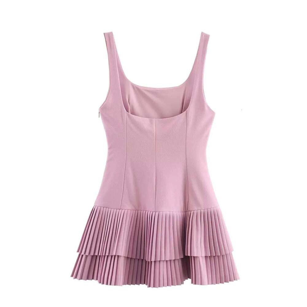 Designer Clothing 2025 TRAFZA Women Fashion Square Collar Sleeveless Solid Mini Female Summer Pleated Chic High Street Slim Short Dress