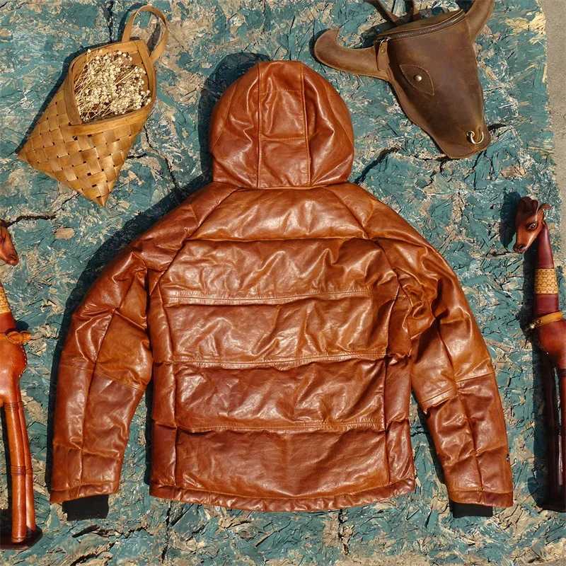 Hooded Oblique Zipper Horseshoe Sleeves Imported Wax Beeswax Color To Make Old Horse Leather Mens Down Jacket. W250806