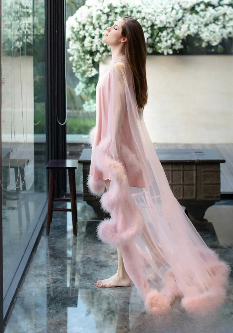 Elegant Lace-up Mesh Nightdress With Fluffy Sleeves Wedding Night Bath Dress Bride Robe Nightgown Customized