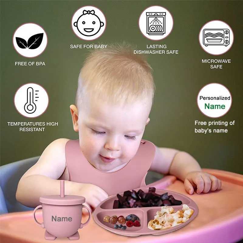 Personalized Name Baby Feeding Sets Silicone Suction Cup Plate Dish Spoon Fork Bib Childrens Tableware Feeding Bowls 6pcs/set X250806