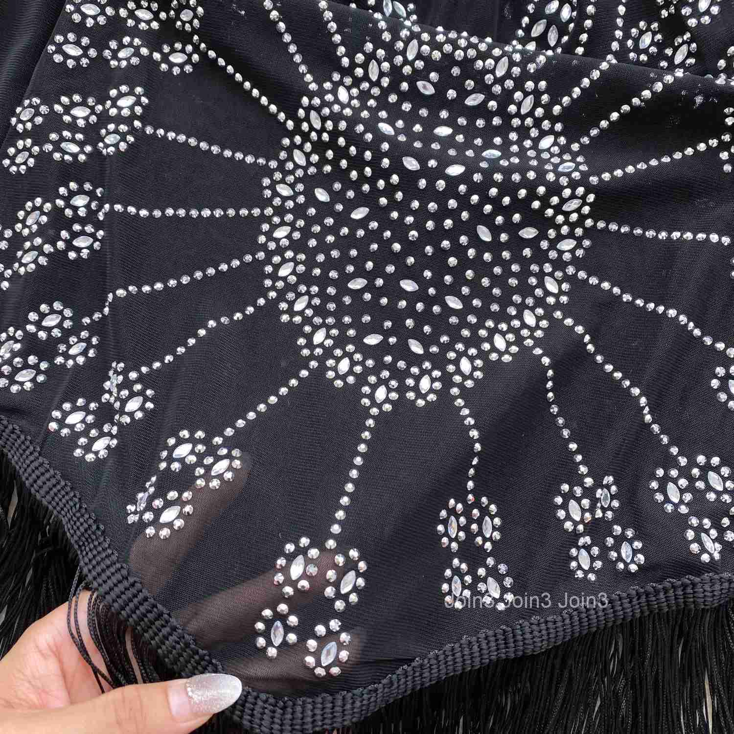 Elegant Long Sleeves Vintage O-neck Chic Rhinestone Tassel Slim Mesh Dresses Evening High Street Autumn Women Elastic Clothing