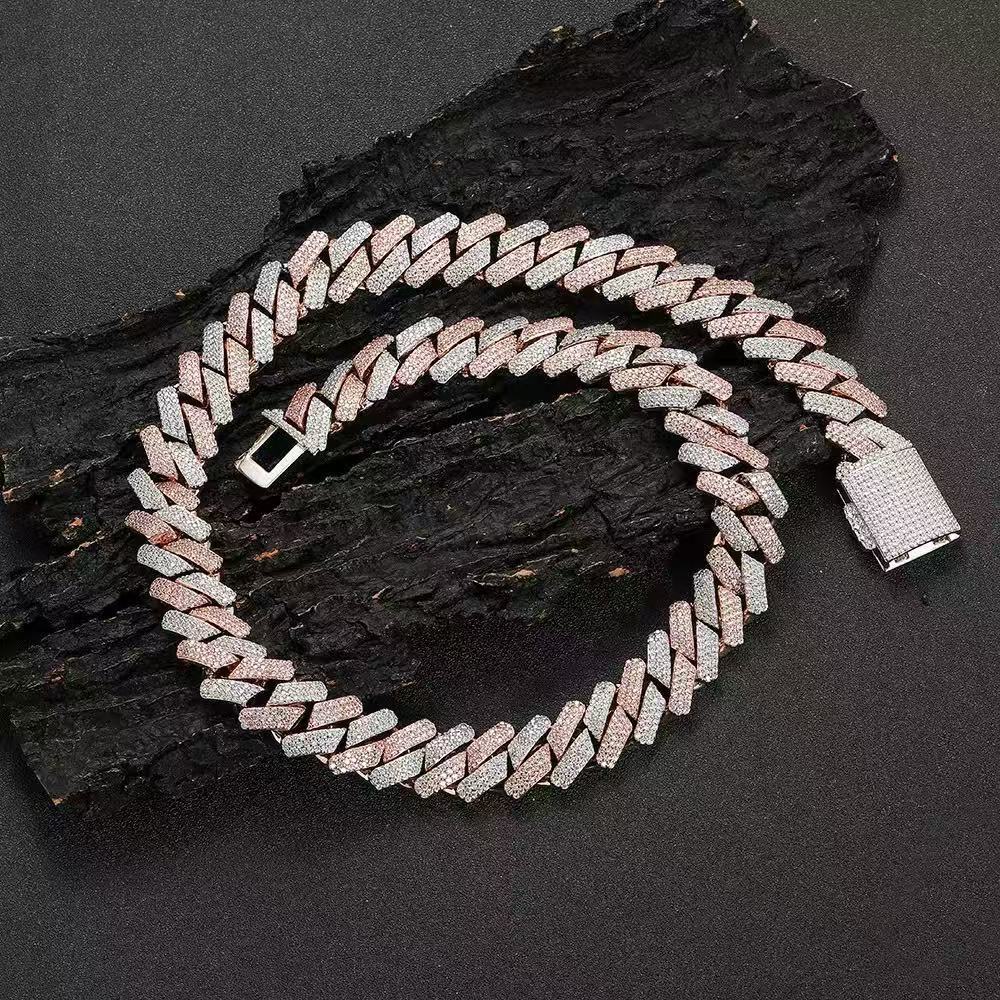 Custom Cuban Chain Necklace 925 Silver Vvs Moissanite 2 Tone Round Cut Diamond Personality Lock Catch Link for Men