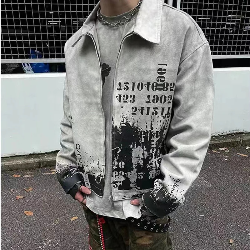 Streetwear Washed Painted Autumn Windbreaker Jackets Mens and Women Turn Down Collar Baggy Clothes Oversized Loose Outwear Coats 250806