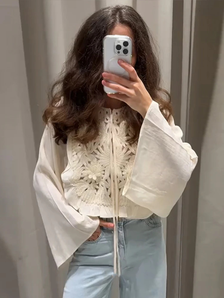 Chic Flared Sleeves O Neck Loose Lace Up Shirt Mini Skirts Elegant Floral Embroidered Skirt Set for Women Summer Lady 2 Pcs Suit 250804