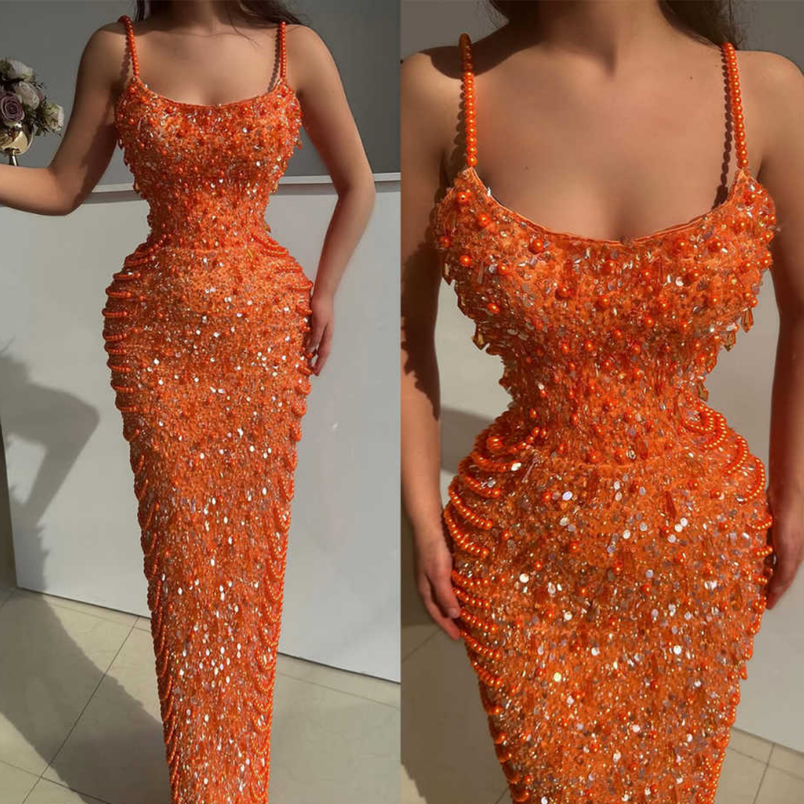 New Elegant Orange Sequins Lace Mermaid Evening Dresses Strapless For Women Beaded Prom Dress Party Gown Customized Vestido de novia