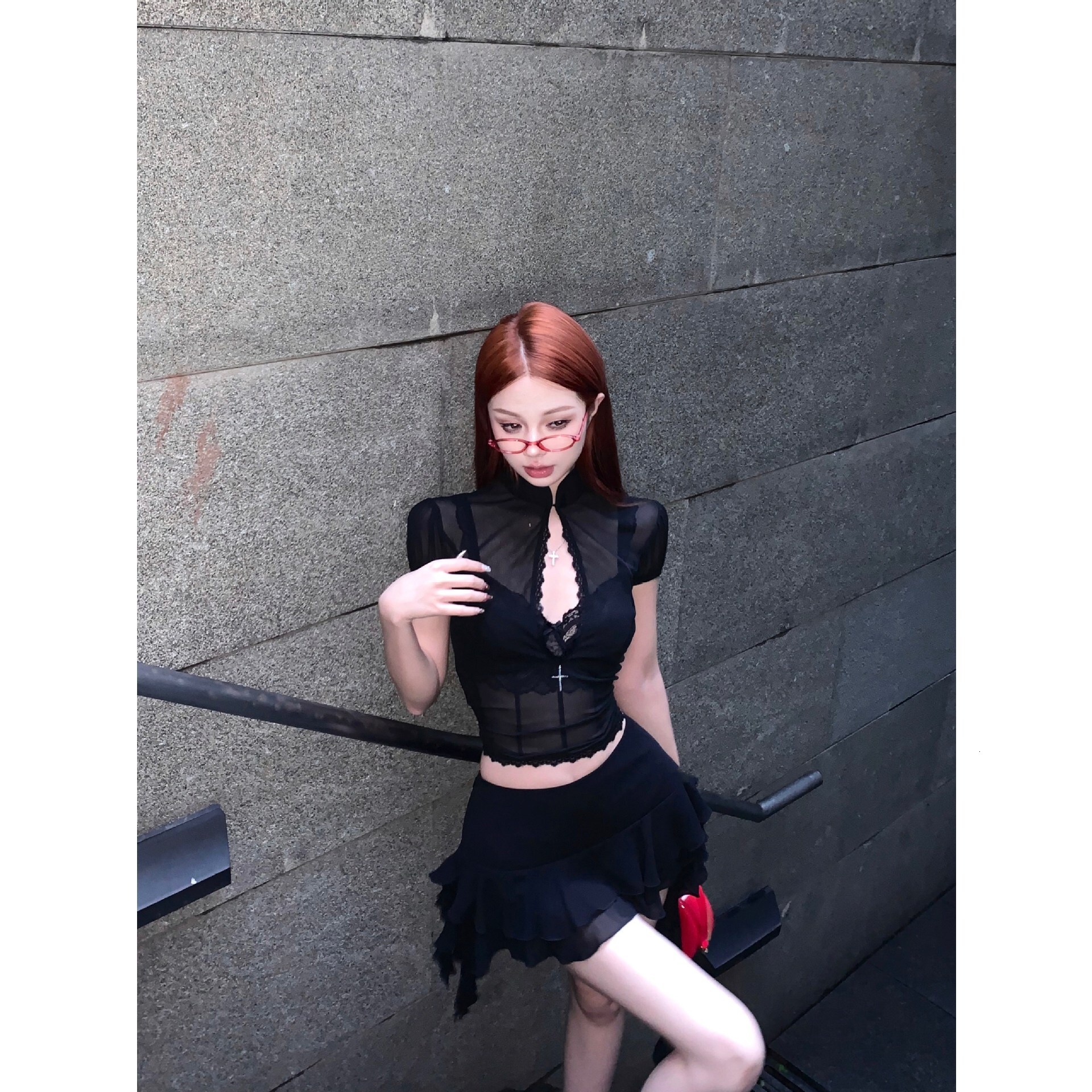 Spicy Girl Black Mesh Long Sleeve T-Shirt Top with Lace Bra for Women Summer Half Skirt Three-Piece Set