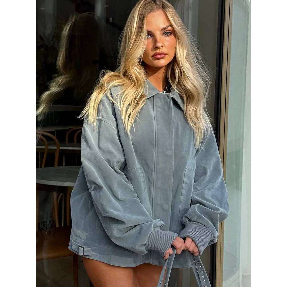 Vintage Blue Suede Loose Jacket Women Elegant Lapel Lantern Long Sleeves Zipper Coats Autumn Chic Female Commute Street Wear