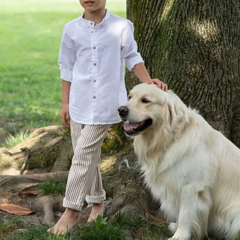 Boys White Linen Shirt 2025 Spring New Childrens Stand-Up Collar Buttons Daily Casual Cotton And Linen Long-Sleeved Shirts X250806