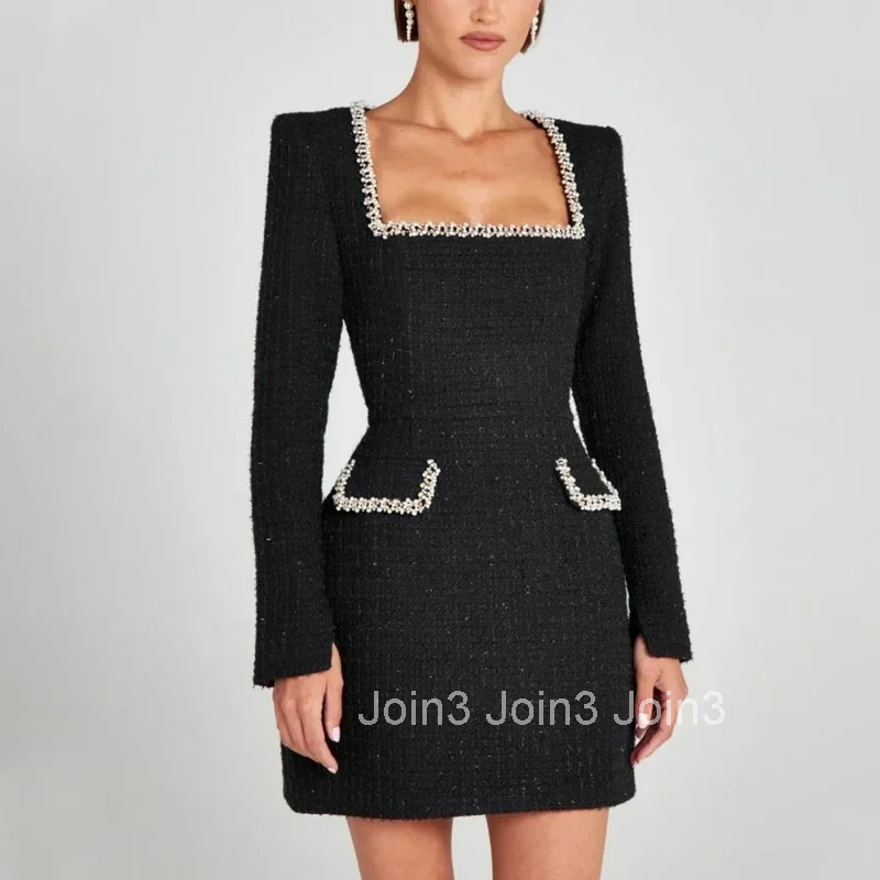 Talenza Long Sleeve Tweed Dress Womens Elegant Square Neck Luxury Party Evening Gown Retro Slim Patchwork Short Dress Vestido