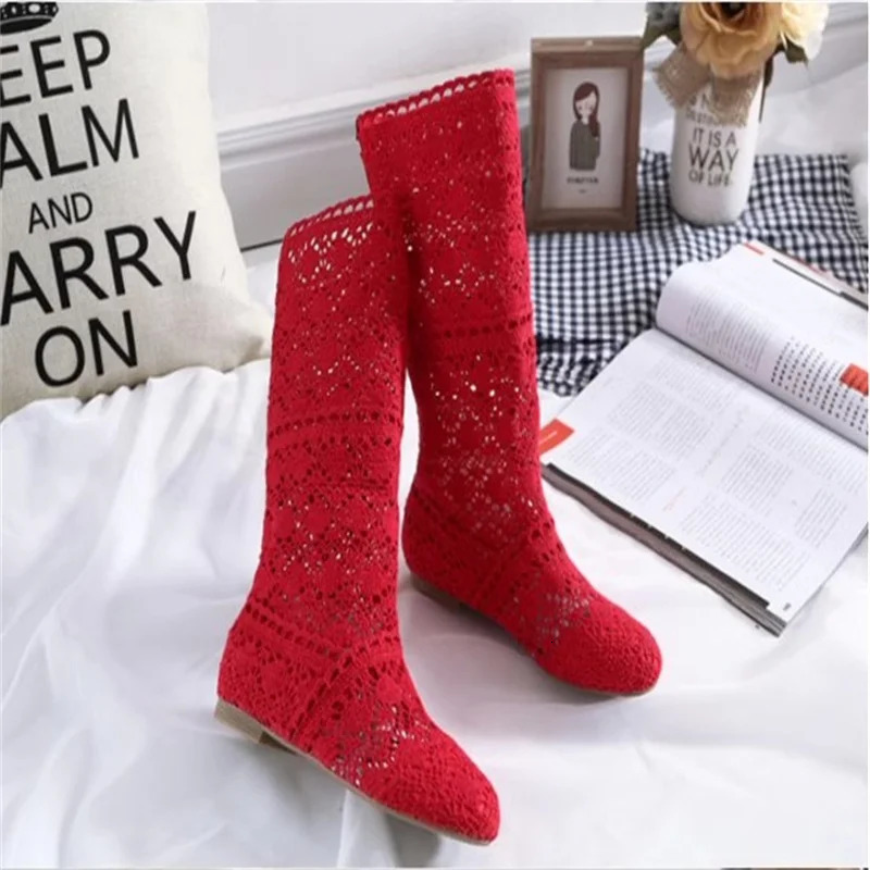 Womens spring high boots wool hollow fashion summer white lace ladies flat casual shoes 250801