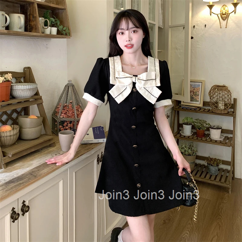 High Waist Dress Women Summer Bow Sweet Square Collar Short Sleeve Princess Girlish Elegant Office Lady Korean Style Preppy Chic