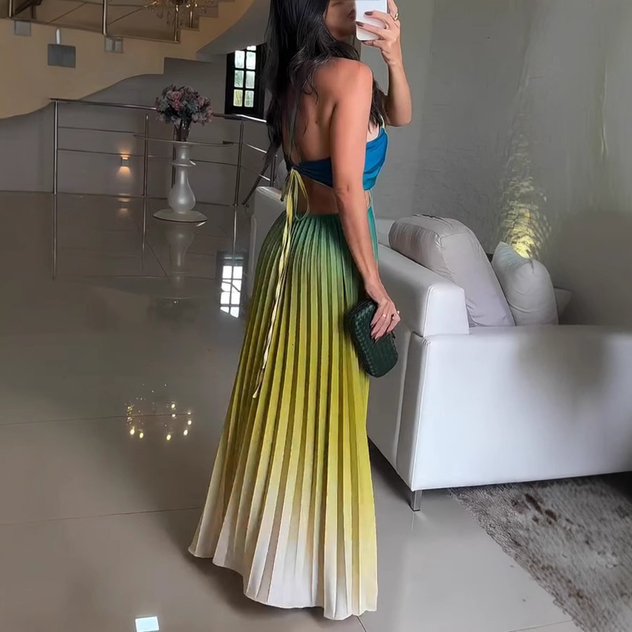 New European and American sleeveless trend pleated backless gradient dress for summer 2025, new designer dress