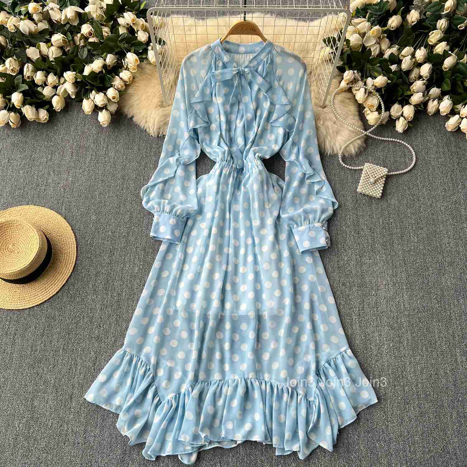 Retro Elegant Pleated Puff Sleeves dot sweet Dress Beach Vacation Casual Women A-LINE chiffon Fashion Summer basics Dresses