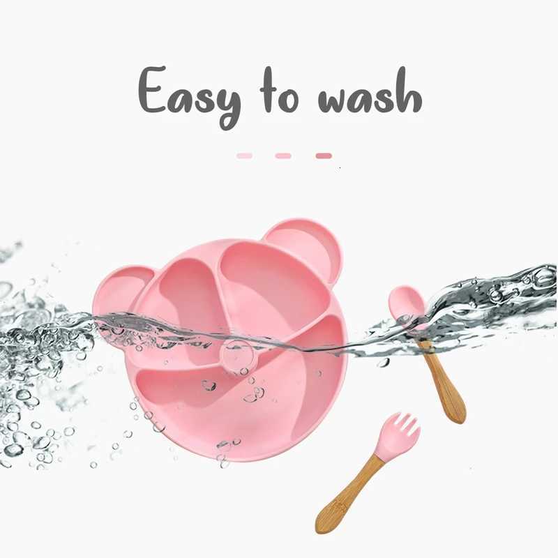 1 Set Baby Silicone Plate Cartoon Bear Shape BPA Free Baby Tableware Spoon Anti-Hot Training Plate Kids Feeding Bowl X250806