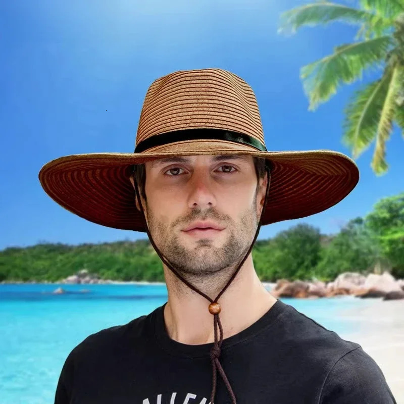 Foldable Jazz Straw Hat for Men and Women Summer Beach Strap Sunscreen Outdoor Sports Sun Hat Big Brim Woven Straw Hat 250805