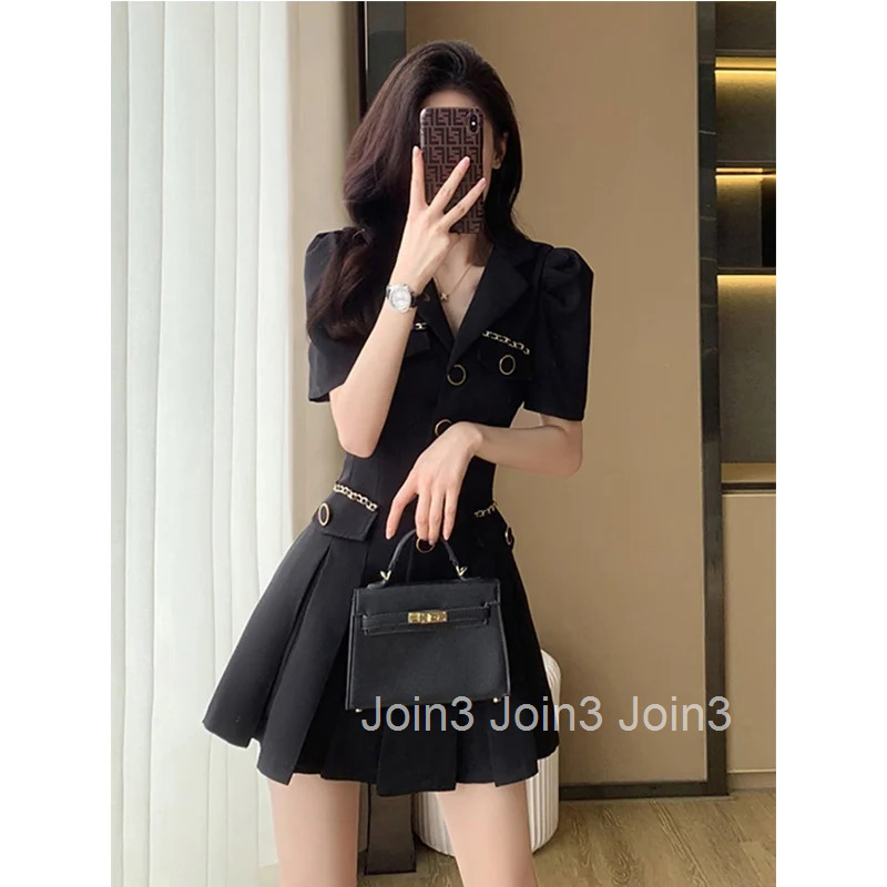 Ladies Temperament Buttons Turn-down Collar Short Sleeve Suit Dress Spring Summer Fashionable Pleated Elegant Dress Women Dress