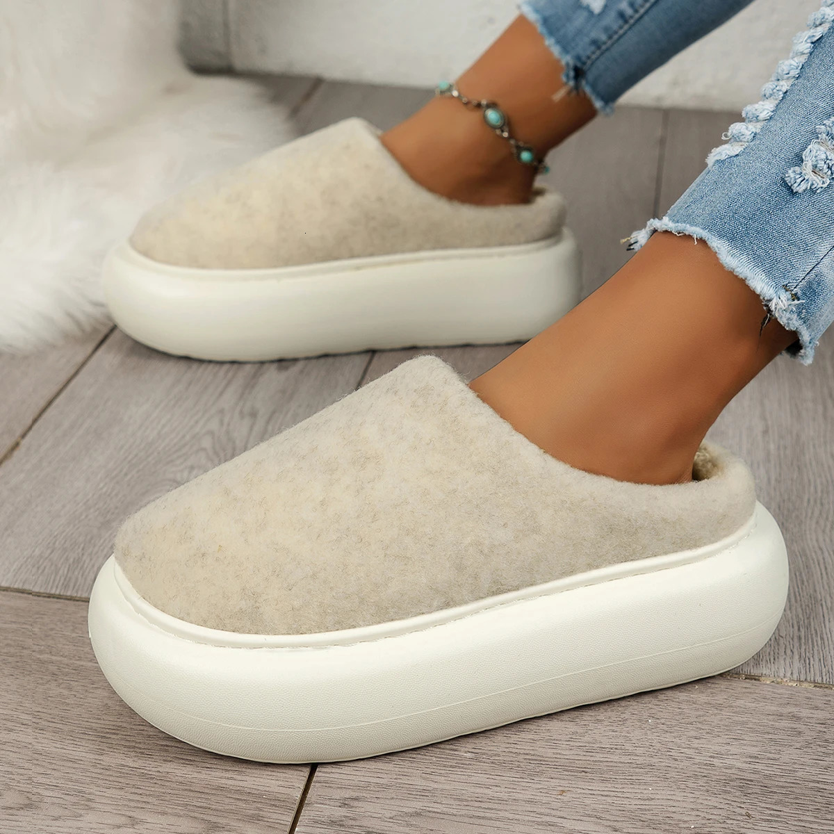 Womens Winter Solid Color Casual Comfortable Anti-slip Warm Plush Slippers Cover Toe Slip-On Home Slippers 250731