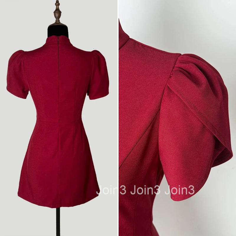 Talenza Luxury Evening Dress Summer Pink Stand Neck High Waist Bubble Sleeve A-line Dress Elegant Patchwork Fashion Women Dress