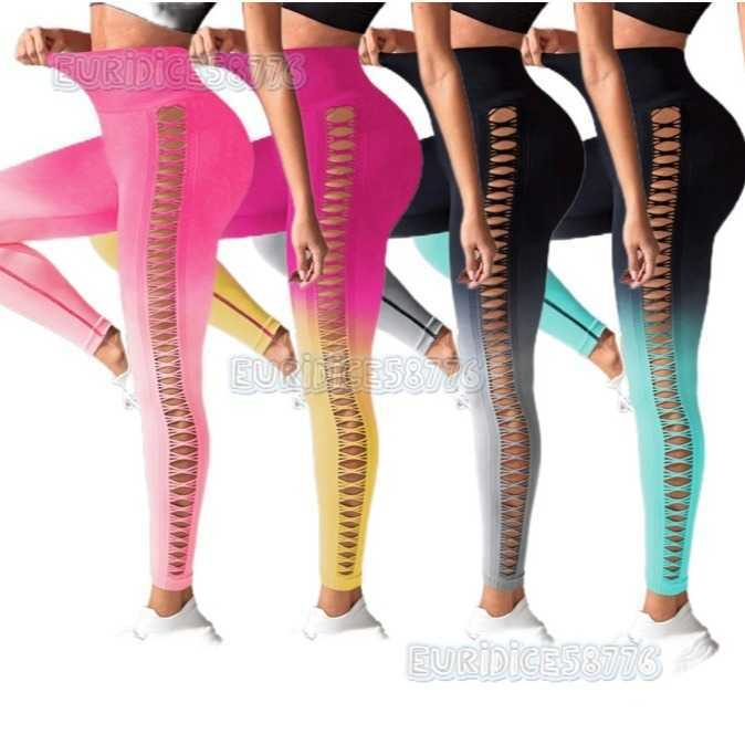 Seamless Gradient Side Hollow Tie-dye Yoga Pants Peach Hip Outdoor High-waist Sports Fitness Long Pants for Women H250806