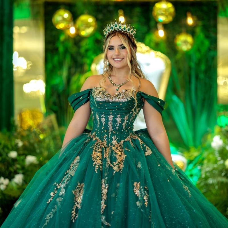Blackish Green Shiny Quinceanera Dresses Ball Gown Off The Shoulder Applique Lace Beads Bow Tull Party Birthday Sweet 16 Dress Vestidos 15 Anos