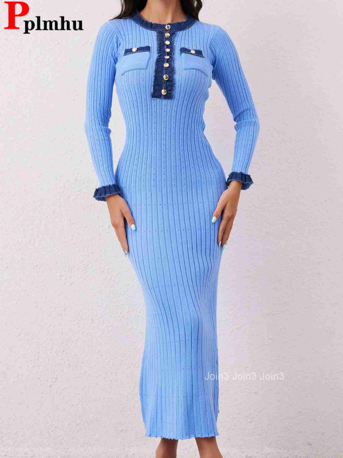 Korean Design Knitted Slim Sweater Dress Women Elegant O-neck Sexy Knitwears Vestidos Fall Winter New Long Sleeve Knit Dresses