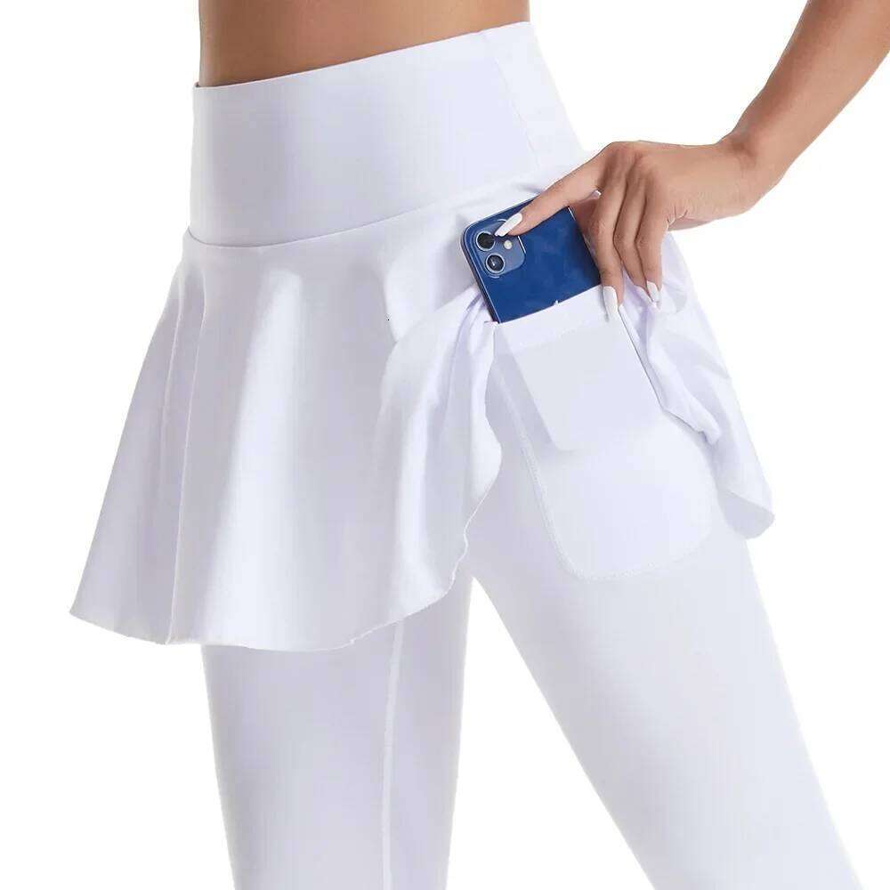 Women High Waist Leggings Solid Color Tennis Pleated Skirts Autumn Winter Fiess Sports Gym Workout Yoga Pants With Pocket
