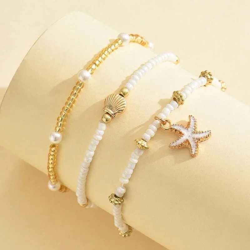 New Summer Bohemian Style Starfish Shell Millet Bead Ankle Chain Three-Layer Set Beachy Elegant Foot Jewelry Accessory Y250805