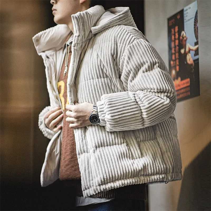 Mens Corduroy Down Jacket Winter Thickened Warm Striped Hooded Coat Vintage Padded Jackets Removable Hood Black Clothing W250806