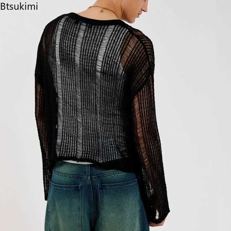 Mens Spring Autumn Sweater Woven Solid Color Mesh Sweater Knit Loose T-Shirt Long Sleeve Sexy T-shirt Fashionable Versatile Top W250806 - view 6